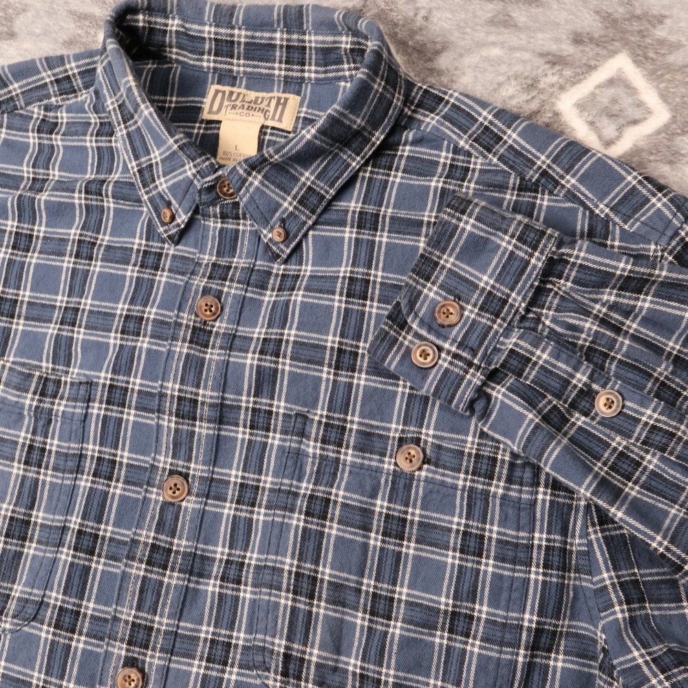 Duluth Trading Co Shirt Mens L Blue Plaid Cotton Button Down Flannel